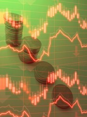 Coin stack step down graph with red arrow, Risk management business financial and investment, Copy space