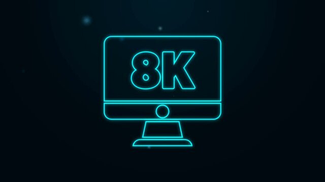 Glowing neon line Computer PC monitor display with 8k video technology icon isolated on black background. 4K Video motion graphic animation