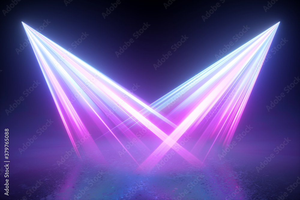 Poster 3d render. searchlights in the dark. abstract background with two projectors, neon lights shining on