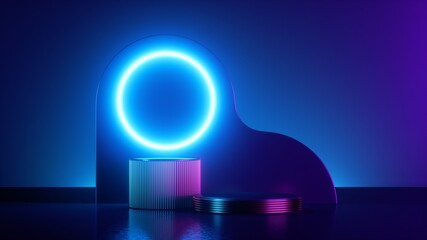 3d render, abstract trendy background. Glowing round frame with copy space. Blue neon ring above cylinder podium, empty performance stage, fashion podium, blank platform for product displaying