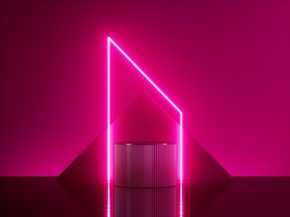 3d render, abstract trendy background with glowing neon light. Bright pink shiny arch over empty stage. Cylinder platform, blank fashion podium, mockup for product displaying