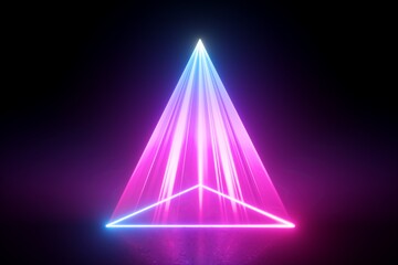3d render, neon light abstract background, pink laser rays projecting triangular geometric shape on the stage floor. Bright projector