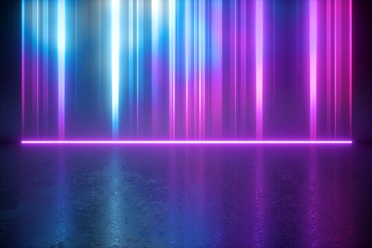 3d render, abstract neon light background. Blue pink violet vertical rays. Glowing lines plasma effect