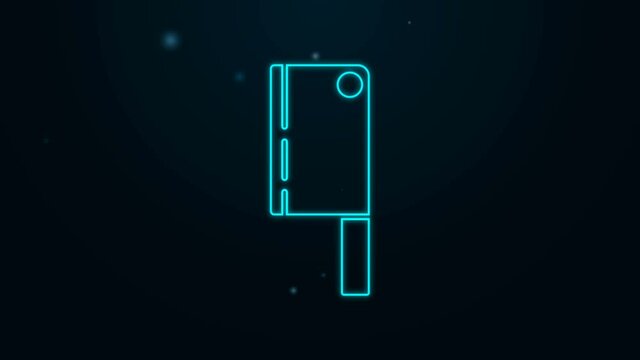 Glowing neon line Meat chopper icon isolated on black background. Kitchen knife for meat. Butcher knife. Happy Halloween party. 4K Video motion graphic animation