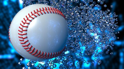 Baseball with diamond particles under blue flare lighting. 3D illustration. 3D CG. 3D high quality rendering.