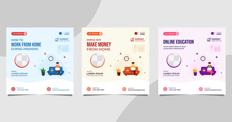 Collection of social media post templates with vector illustration of men working from home or studying at home during the Covid-19 pandemic. Perfect for business webinars, online education, etc