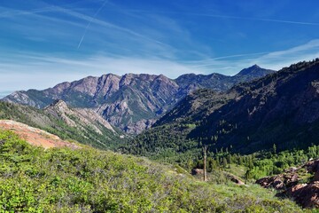 Lake Blanche forest and mountain landscape views from trail. Wasatch Front Rocky Mountains, Twin Peaks Wilderness,  Wasatch National Forest in Big Cottonwood Canyon in Salt Lake County Utah. 