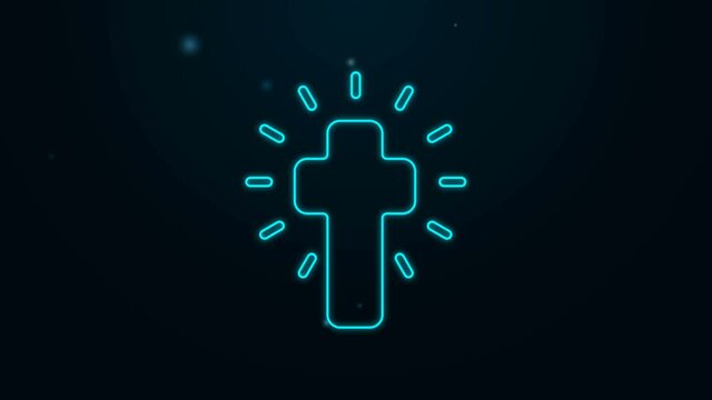 Glowing neon line Christian cross icon isolated on black background. Church cross. 4K Video motion graphic animation