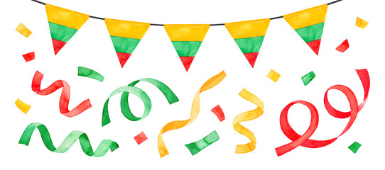 Water color illustration set of bright striped flag bunting and many flying confetti and party streamers. Handdrawn watercolour graphic paint on white, cutout cllipart elements for design decoration.