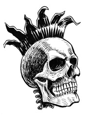 Human skull in bent broken crown. Ink black and white drawing
