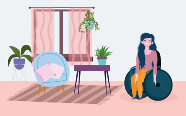 diversity and inclusion, young woman sitting on wheelchair in the room
