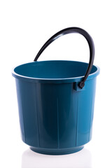 Blue Plastic Bucket For Household Cleaning - On White Background.