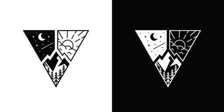  triangle monoline night and day landscape line art emblem logo design