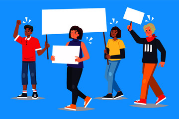 Crowd of protesters people. Silhouettes of people with banners and with raised up hands