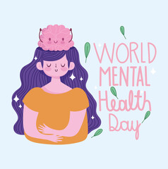 world mental health day, young woman with human brain cartoon