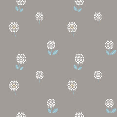 Cute dandelions and white clovers floral background seamless pattern. Hand drawn white flower petals on brown background. Great for women and girls fashion fabric, textile, wrapping paper