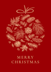 Сhristmas card with winter plants. Christmas ball. Vector illustration. Red background and golden pattern.