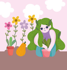 happy garden, girl with green hairstyle floral planting plants in pot flowers fruit