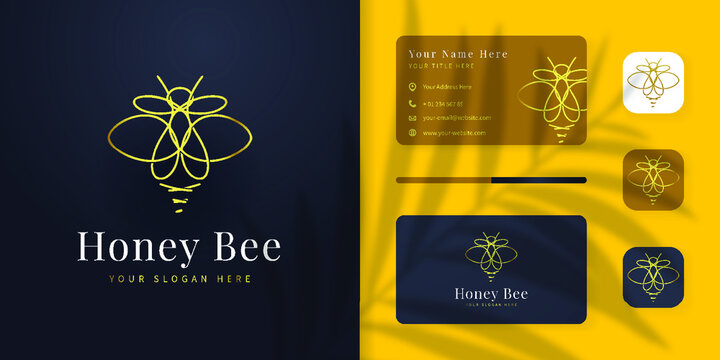 honey bee line art logo design with business card and icon template