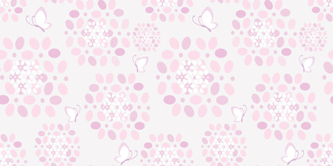 Cute pink Hydrangea floral seamless pattern. Hand drawn purple flower petals and butterflies on white background. Great for women and girls fashion fabric, textile, wrapping paper, scrapbooking