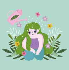 happy garden, watering can pouring water on girl with plants and flower