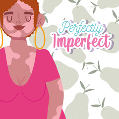 perfectly imperfect, cartoon woman curly hair and vitiligo on body