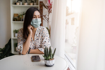 woman wearing face mask for protection coronavirus (covid-19) in cafe
