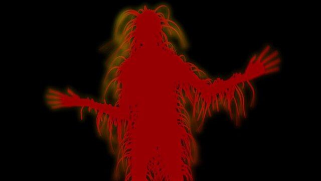 Shaman supernatural entity lowering hands .  Hairy monster, sasquatch .  Soild dark background. Slow motion blurred ethereal effect. 3d animation rendering