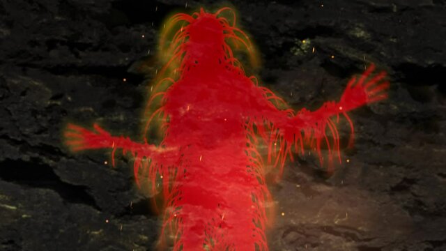 Shaman supernatural entity lowering hands .  Hairy monster, sasquatch .   Cave, stone background. Glowing smoke fire and embers rising. 3d animation rendering