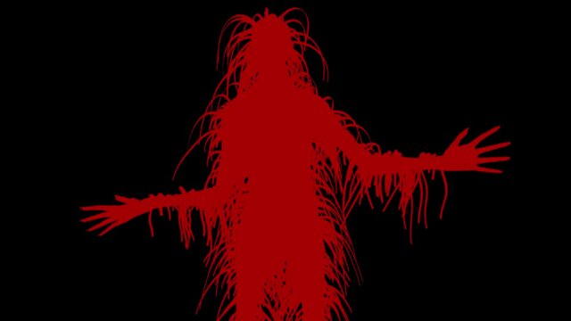 Shaman supernatural entity lowering hands.  Hairy monster, sasquatch .  3d animation .Solid red character Isolated on solid dark blue background for chroma keying needs.