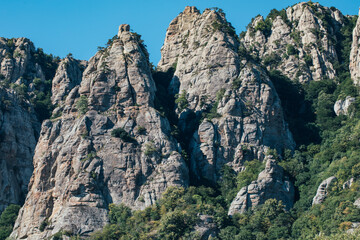 Ridge of brown rocks covered with greenery against a blue sky
