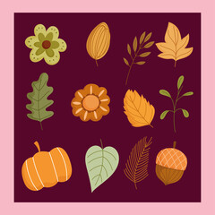 autumn background pumpkin flowers leaf acorn branch icons