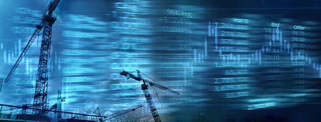 metal crane real estate construction with candle stick graph line of trade market stock and price index number on glow blue digital technology blur line banner business background
