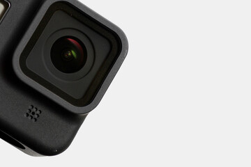 Close up of action camera on white background