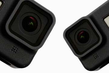 Close up of action camera on white background