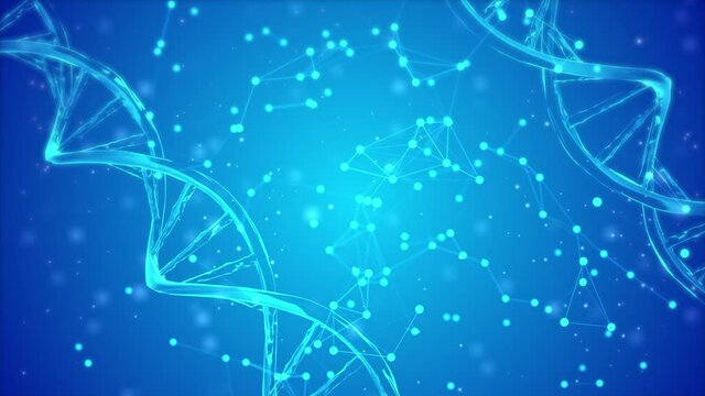 abstract blue DNA double helix with shallow depth of field loop Backgroud 4K. Genom futuristic image. Conceptual design of genetics medical cross shape medicine and science