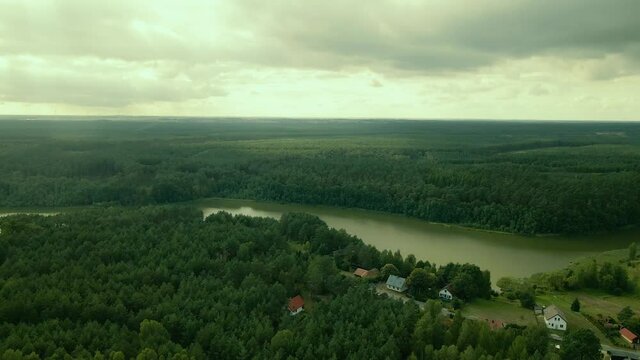 Stunning Green Foliage Forest Landscape By The Lake At Kowalskie Blota Village In North Central Poland. - Aerial Drone Shot