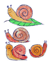 Colorful Abstract Illustration: Snail and Food Collection with Green Patterns, Sweet Spirals, and Nature-Inspired Designs