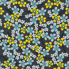 Fototapeta na wymiar Blooming meadow seamless pattern. Trendy color for fashion. wallpapers, and print. A lot of flowers. Ditsy style. Pressed flowers. 