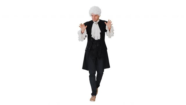Man dressed like Mozart conducting while walking on white background.