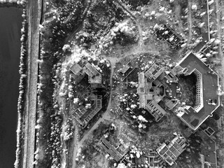Infrared aerial image. Abandoned construction site of Hospital. (aerial drone image)Abandoned at 1991,during Ukrainian undependence crisis. Kiev Region,Ukraine(drone image,infrared filter)