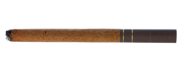 Burning cigarette isolated on white background close up