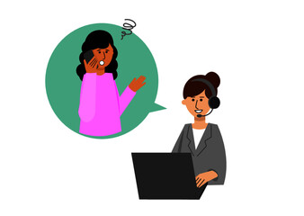 電話する外国人女性とコールセンターの女性