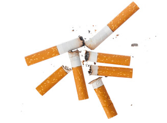 Pile of extinguished cigarette butts isolated on white