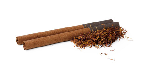 Cigar and bunch of dry tobacco leaves isolated on white