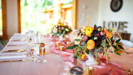 Wedding dinner table with flower and decoration