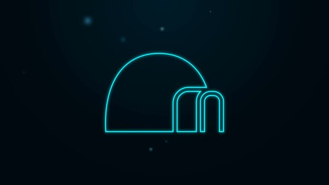 Glowing neon line Igloo ice house icon isolated on black background. Snow home, Eskimo dome-shaped hut winter shelter, made of blocks. 4K Video motion graphic animation