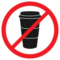 Vector stock icon that prohibits entry with drinks. A Cup of coffee inside a red crossed out circle on a white background