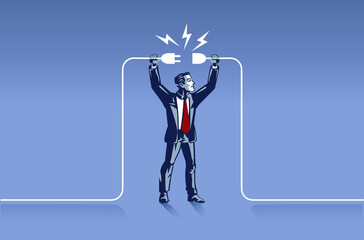 Businessman Holding Plugs Trying to Connect Wires. Business Concept Illustration of Right Man in the Right Place