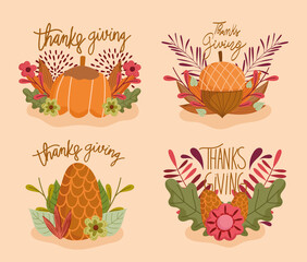 happy thanksgiving, set of letterings flower pumpkin acorn pine cone and autumn leaves